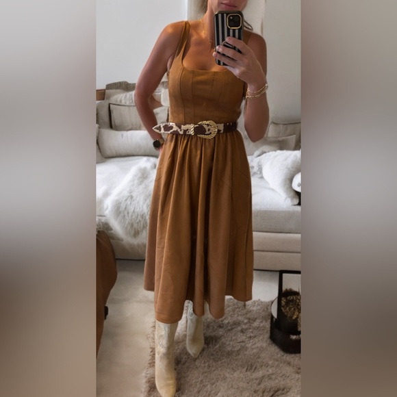 Wayf Faux Suede Tan Midi Dress with Pockets - Picture 1 of 6